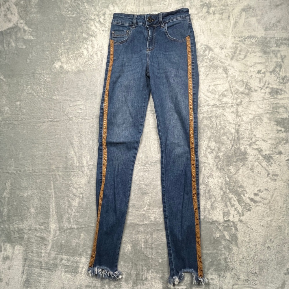 Trama Skinny Jeans Womens Blue Snakeskin Side Stripe Frayed‎ Step Hem Size 3